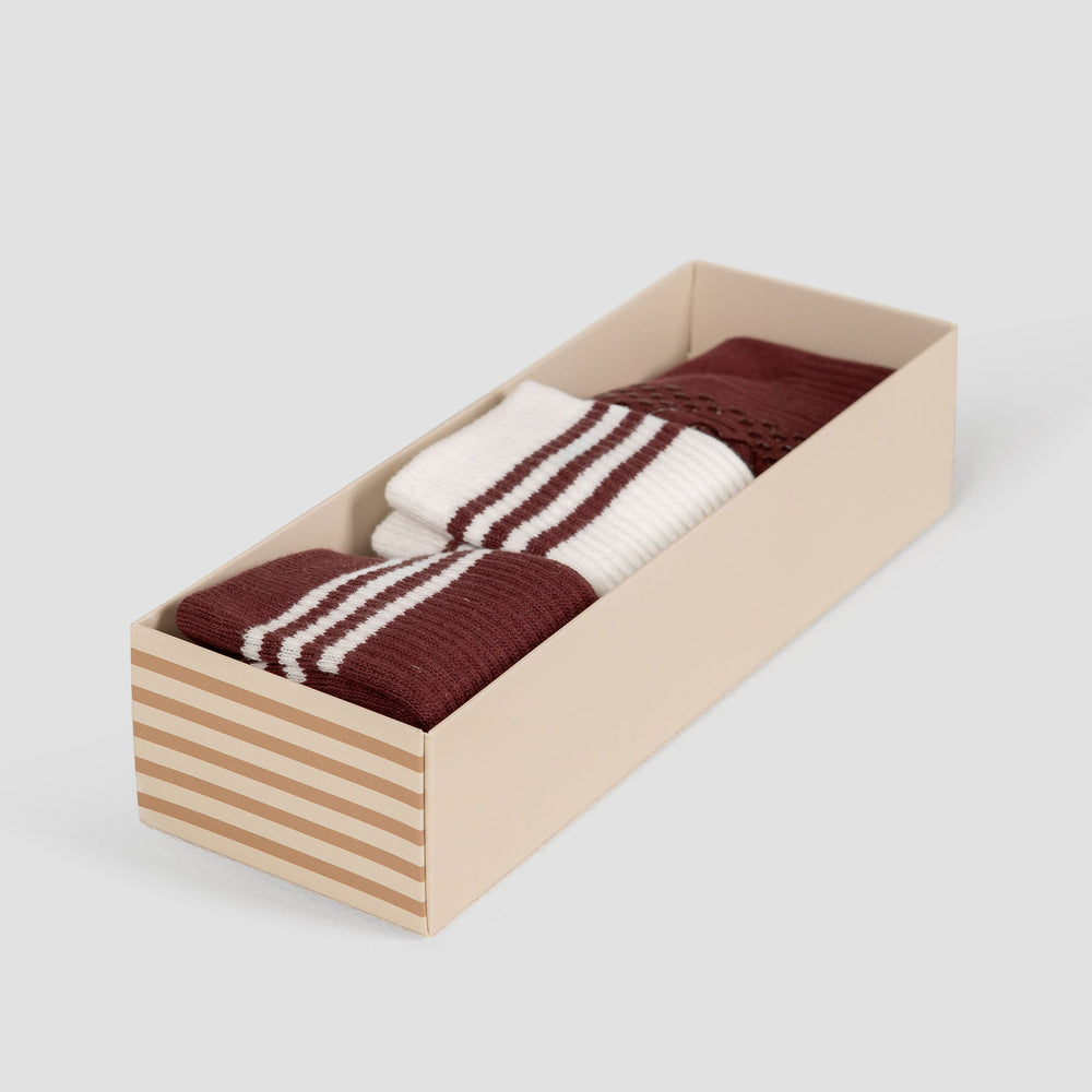 Chocolate Contrast Pilates Grip Sock Bundle - Flat Lay in Wooden Box | Your Reformer