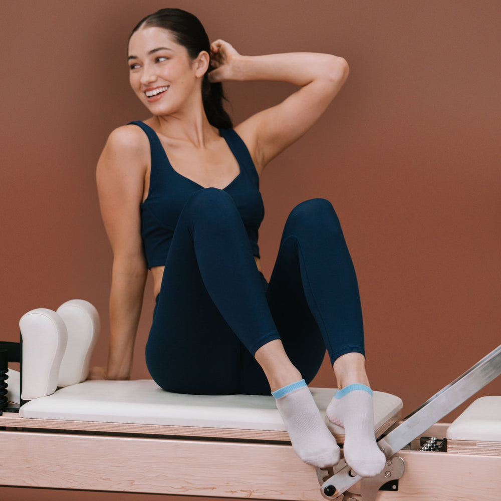 Grey Blue Pink Crew Ankle Socks - On Model with Reformer | Your Reformer