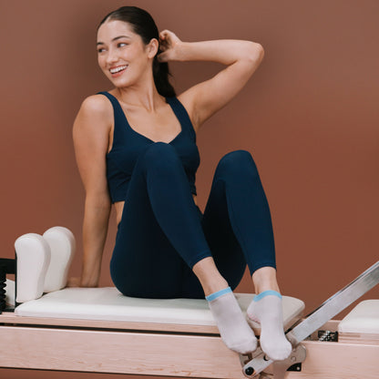 Grey Blue Pink Crew Ankle Socks - On Model with Reformer | Your Reformer