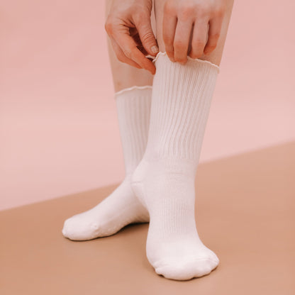 White Crew Grip Socks - On Model Hands Detail | Your Reformer