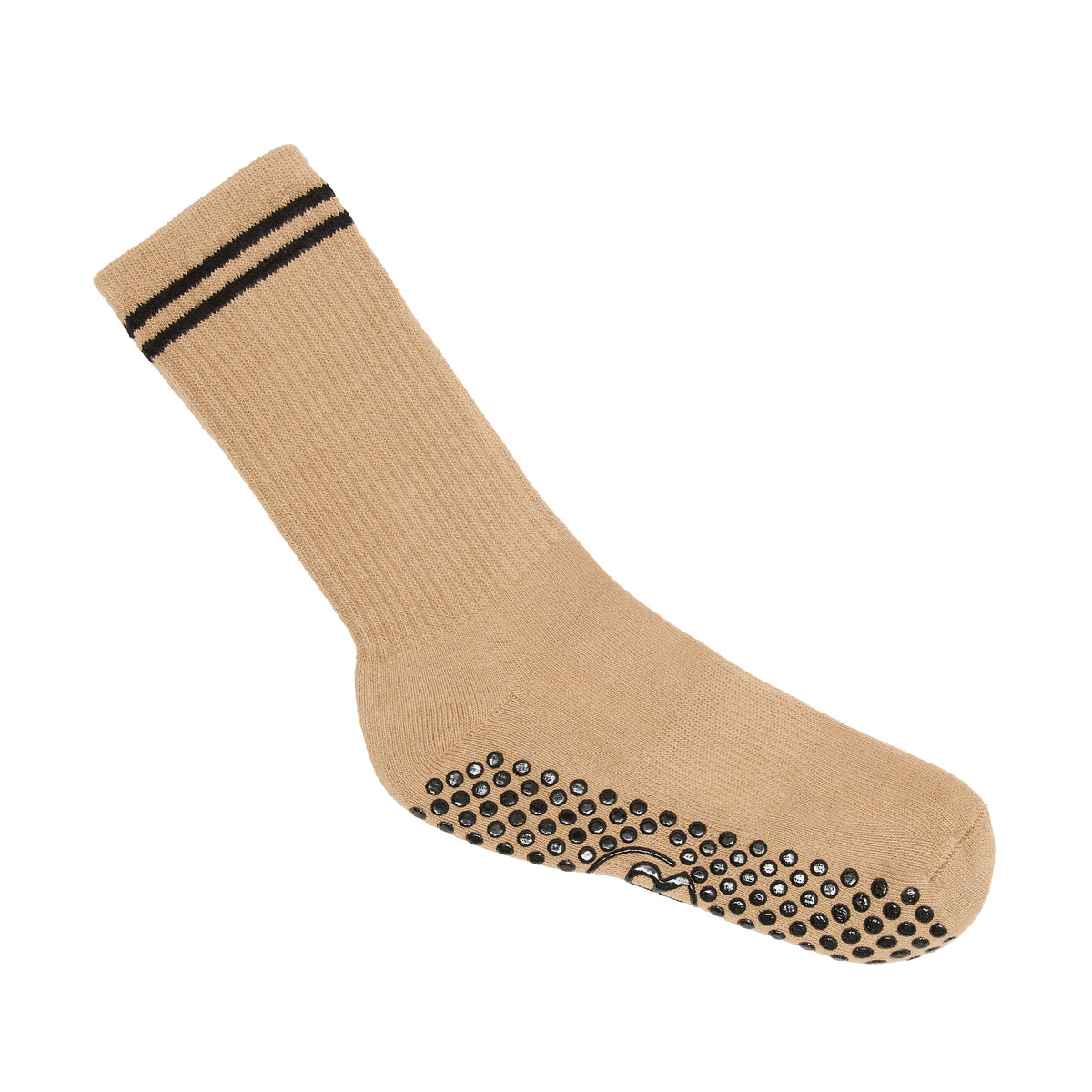 Camel Black Stripe Crew Grip Socks - Side View | Your Reformer