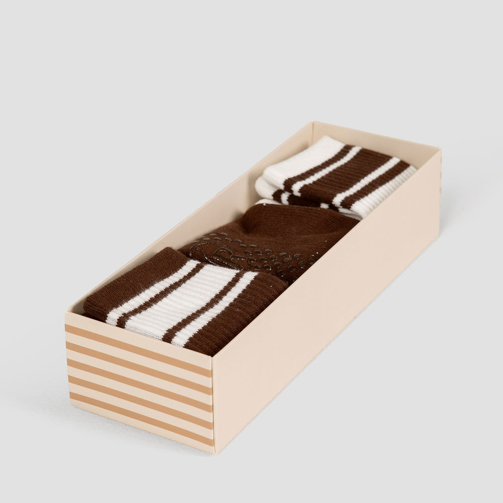 Chocolate Contrast Pilates Grip Sock Bundle - Flat Lay in Wooden Box | Your Reformer