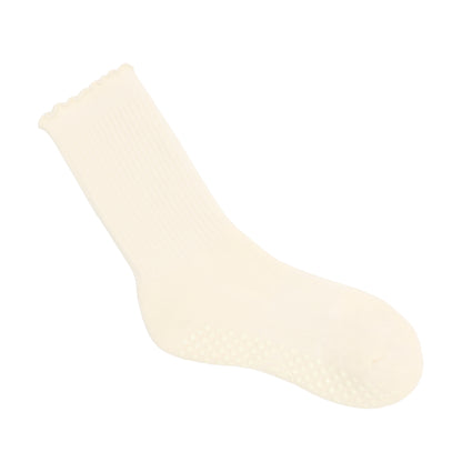 Cream Frill Crew Grip Socks - Side View | Your Reformer