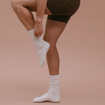 White Cotton Scrunch Grip Socks - On Model Side View | Your Reformer