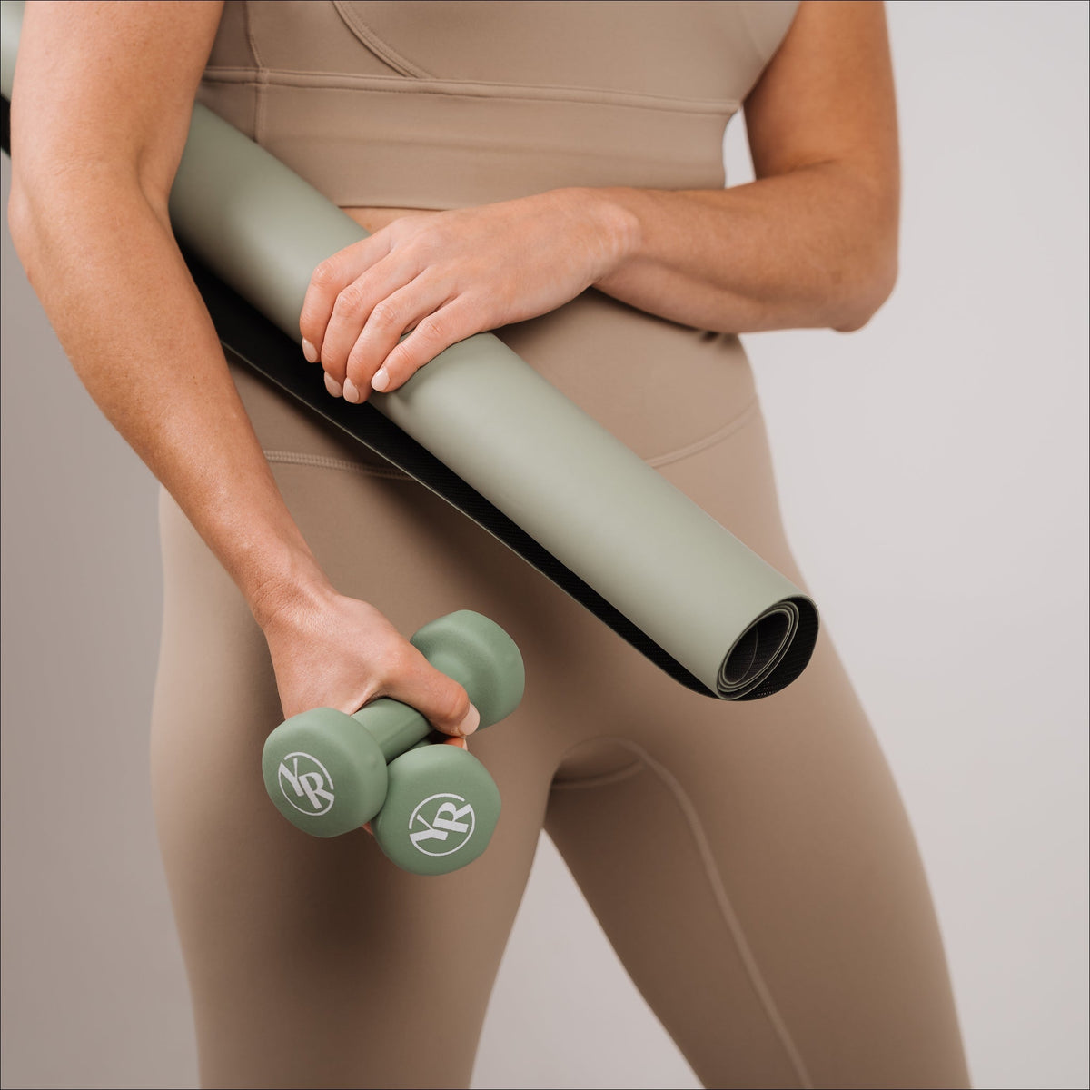 Sage Green Hand Weights with Yoga Mat - Lifestyle Shot | Your Reformer