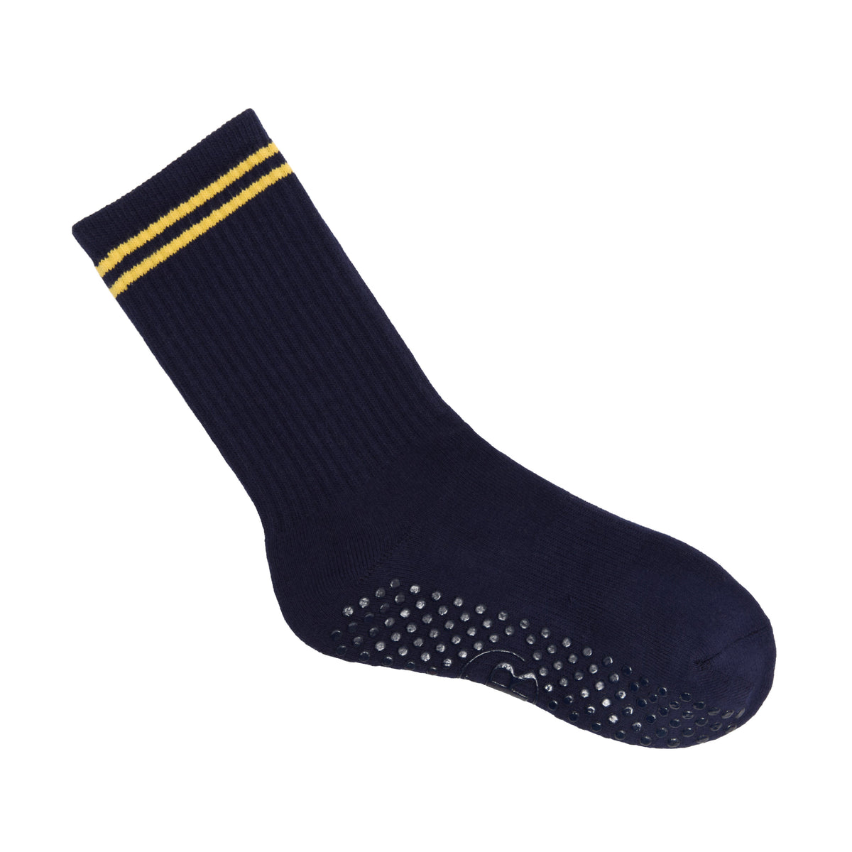 Navy Yellow Stripe Crew Grip Socks - Side View | Your Reformer