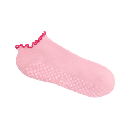 Pink Frill Ankle Grip Socks - Flat Lay Side View | Your Reformer