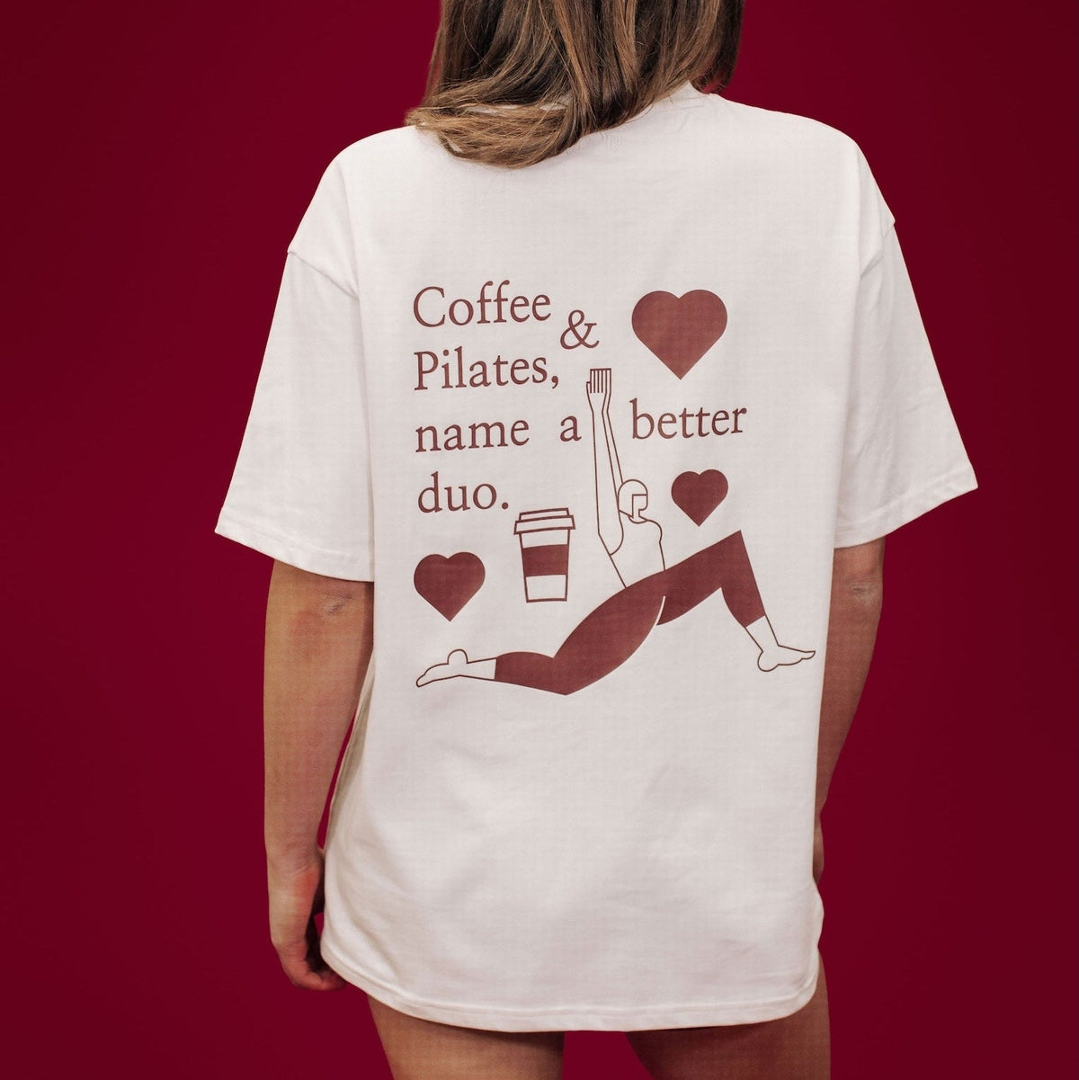 Beige Cotton Pilates Tee - Back View Coffee & Pilates Print | Your Reformer