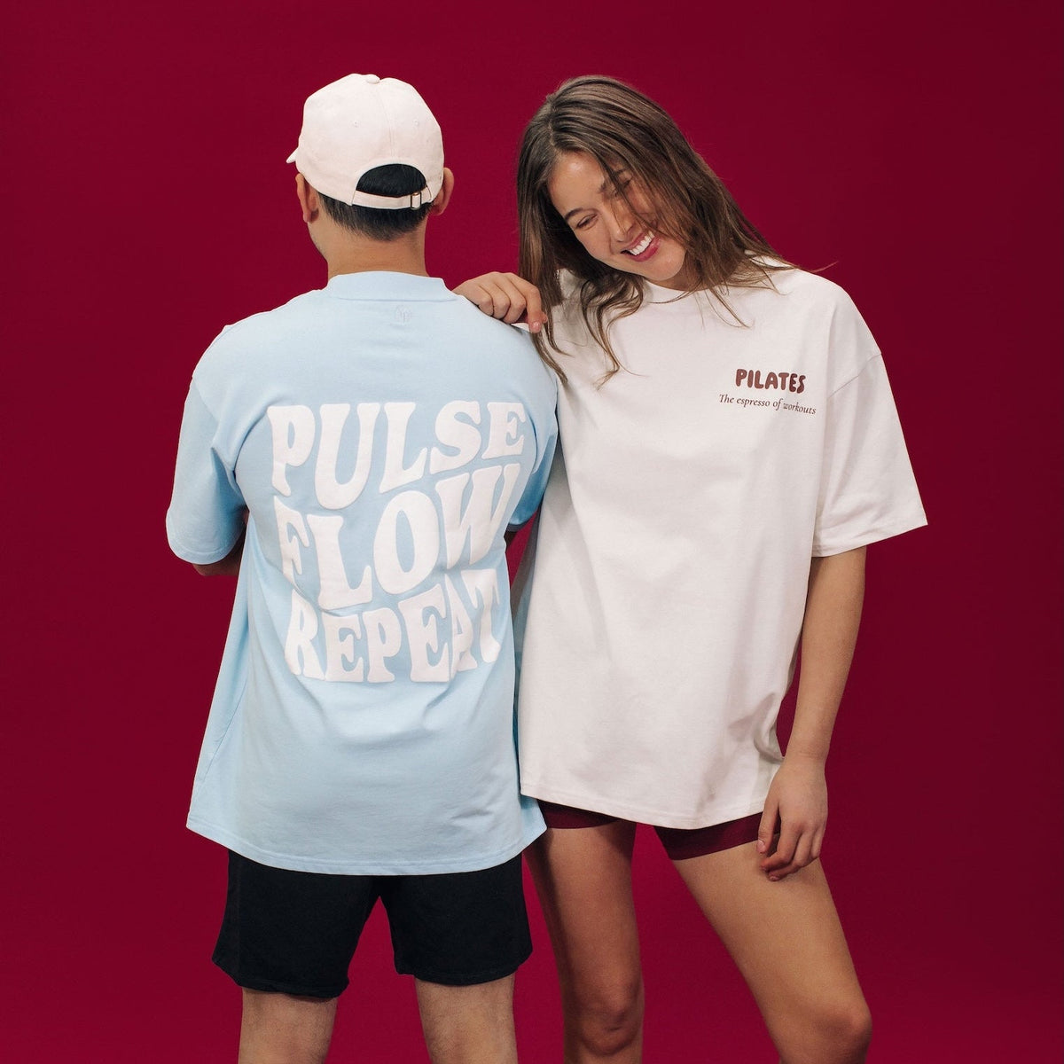 Blue and Beige Pilates Tees with Pulse Flow Repeat text - Couple Styled Look | Your Reformer