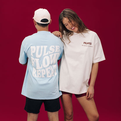 Blue and Beige Pilates Tees with Pulse Flow Repeat text - Couple Styled Look | Your Reformer