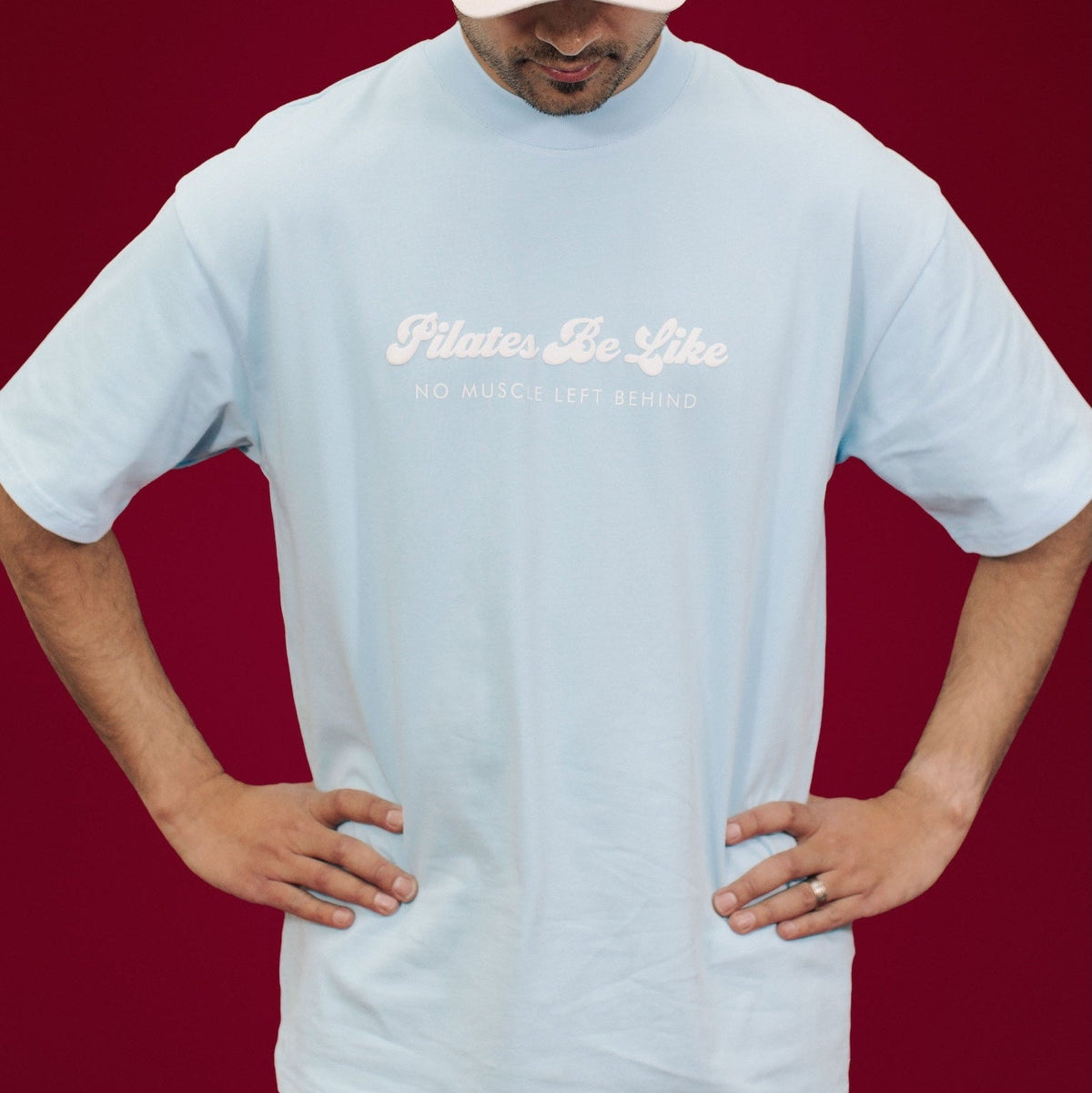 Light Blue Cotton Pilates Be Life Tee - Front View On Model | Your Reformer
