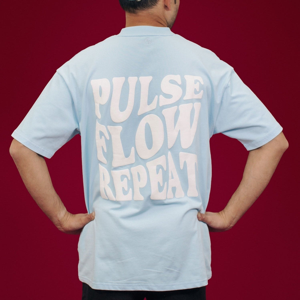 Light Blue Cotton Pilates Tee with Pulse Flow Repeat Back Print - Back View | Your Reformer