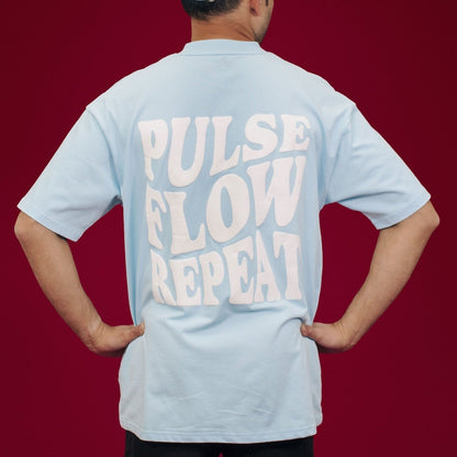 Light Blue Cotton Pilates Tee with Pulse Flow Repeat Back Print - Back View | Your Reformer