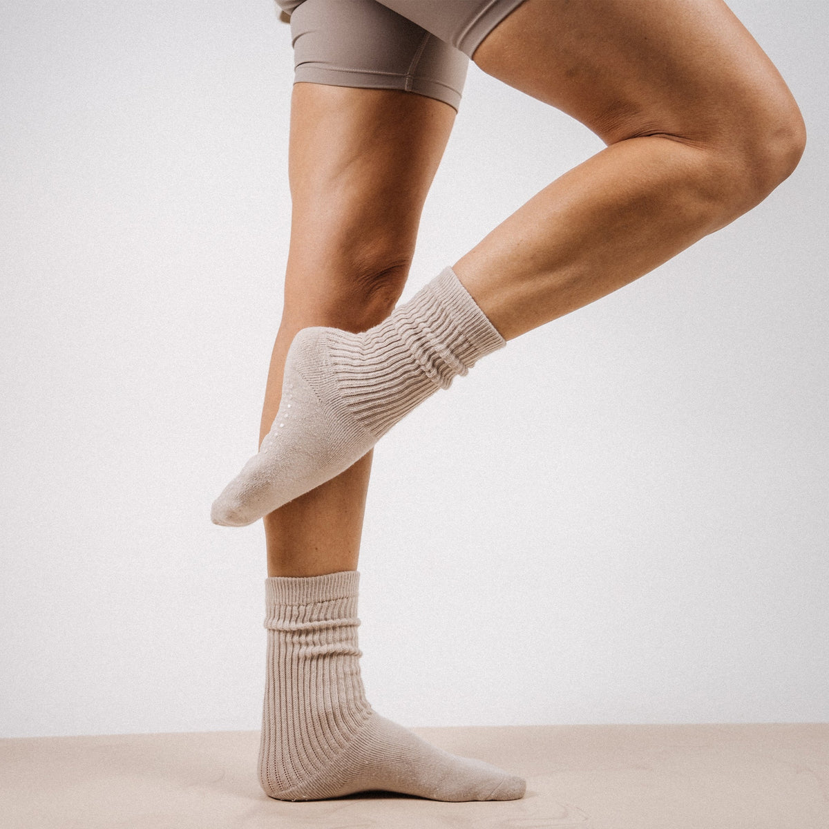 Oat Cotton Scrunch Pilates Socks - Active Movement View | Your Reformer