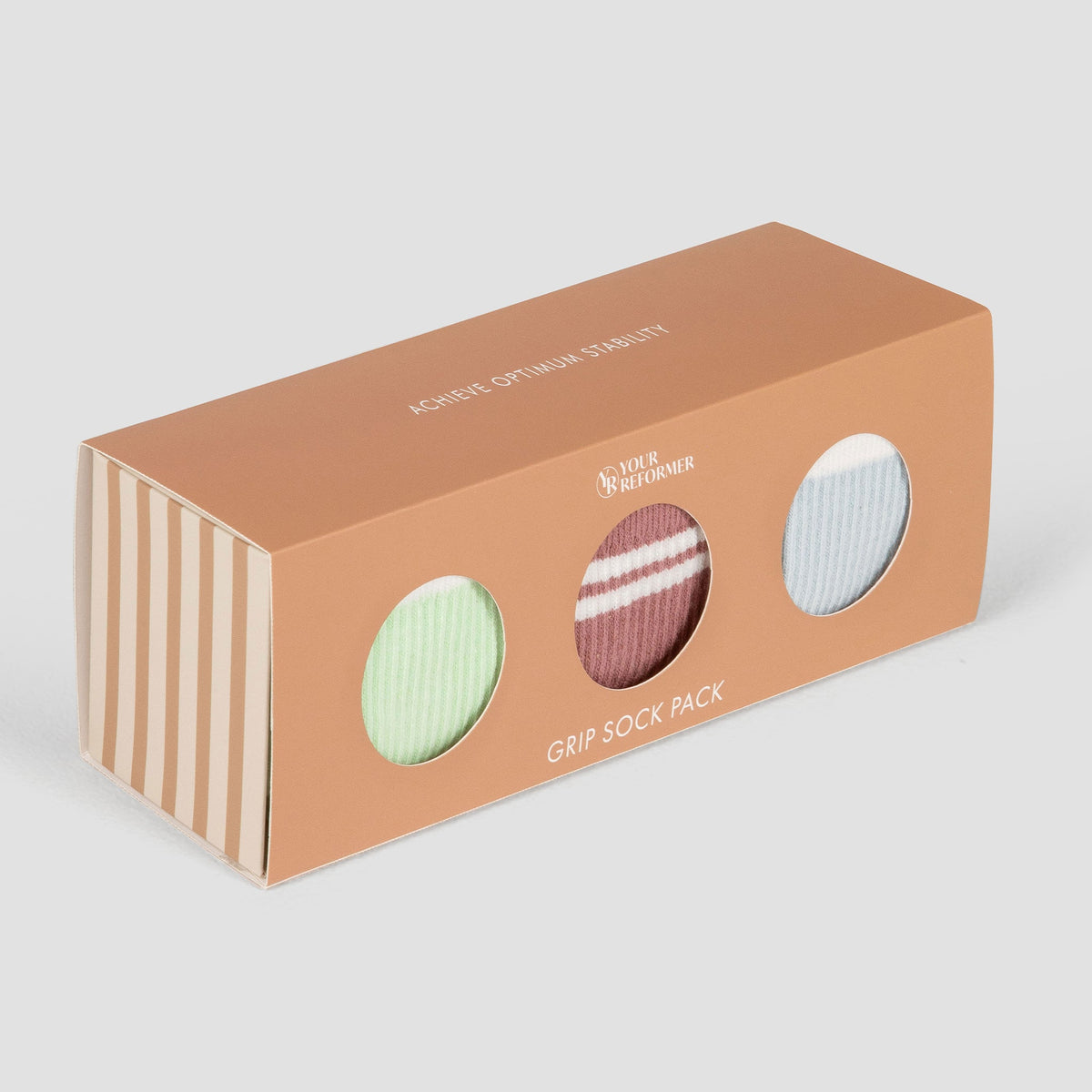 Terra Cotta Grip Sock Pack Box - Angled View with Window Display | Your Reformer