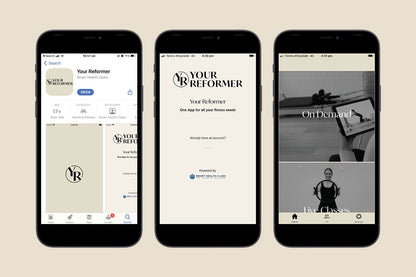 Three iPhones showing Your Reformer App Store, Login, and Class Menu Screens | Your Reformer