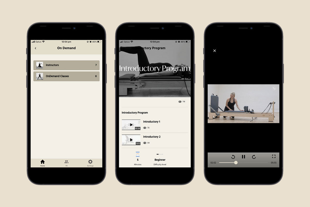 Three iPhones displaying OnDemand Navigation, Program Details, and Video Player Interface | Your Reformer